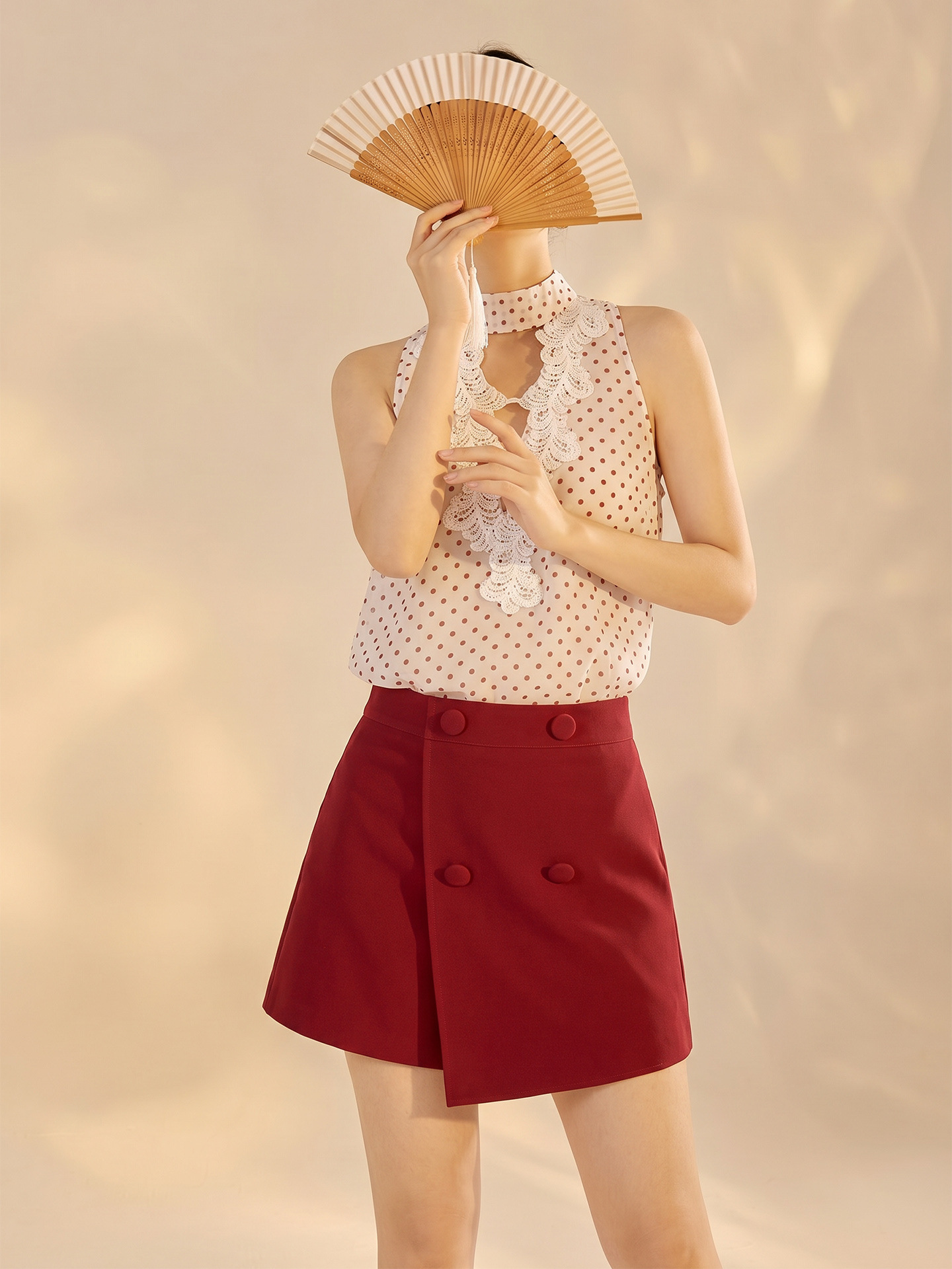 Set vest và chân váy ngắn họa tiết chấm bi phong cách Tân Trung Hoa mùa hè — Trang phục [Vest+Half Dress], nửa váy, Trang phục [Áo vest+quần short], quần đùi