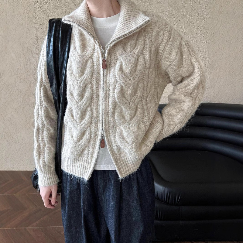 Korean Style Lapel Twist Double Zipper Thick Knitwear Cardigan Women's 24 Autumn and Winter Short Knitwear Warm Jacket Top