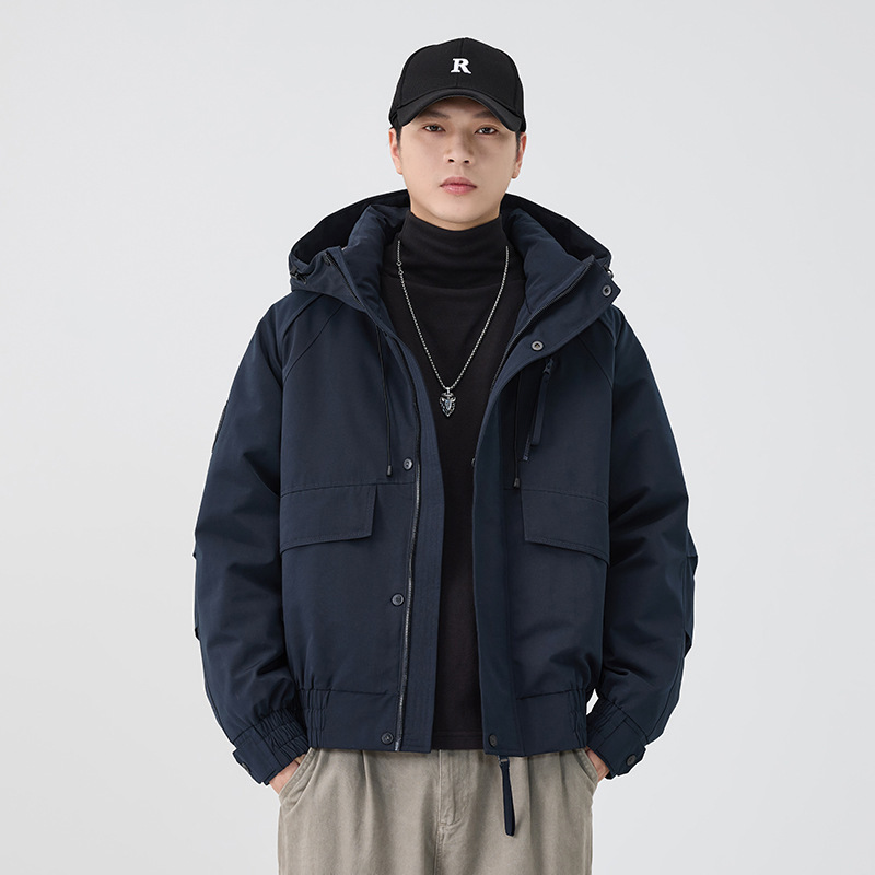 2025 invierno nuevo engrosado chaqueta encapuchada abrigo de marca de moda gran azul oscuro stock de algodón colgante