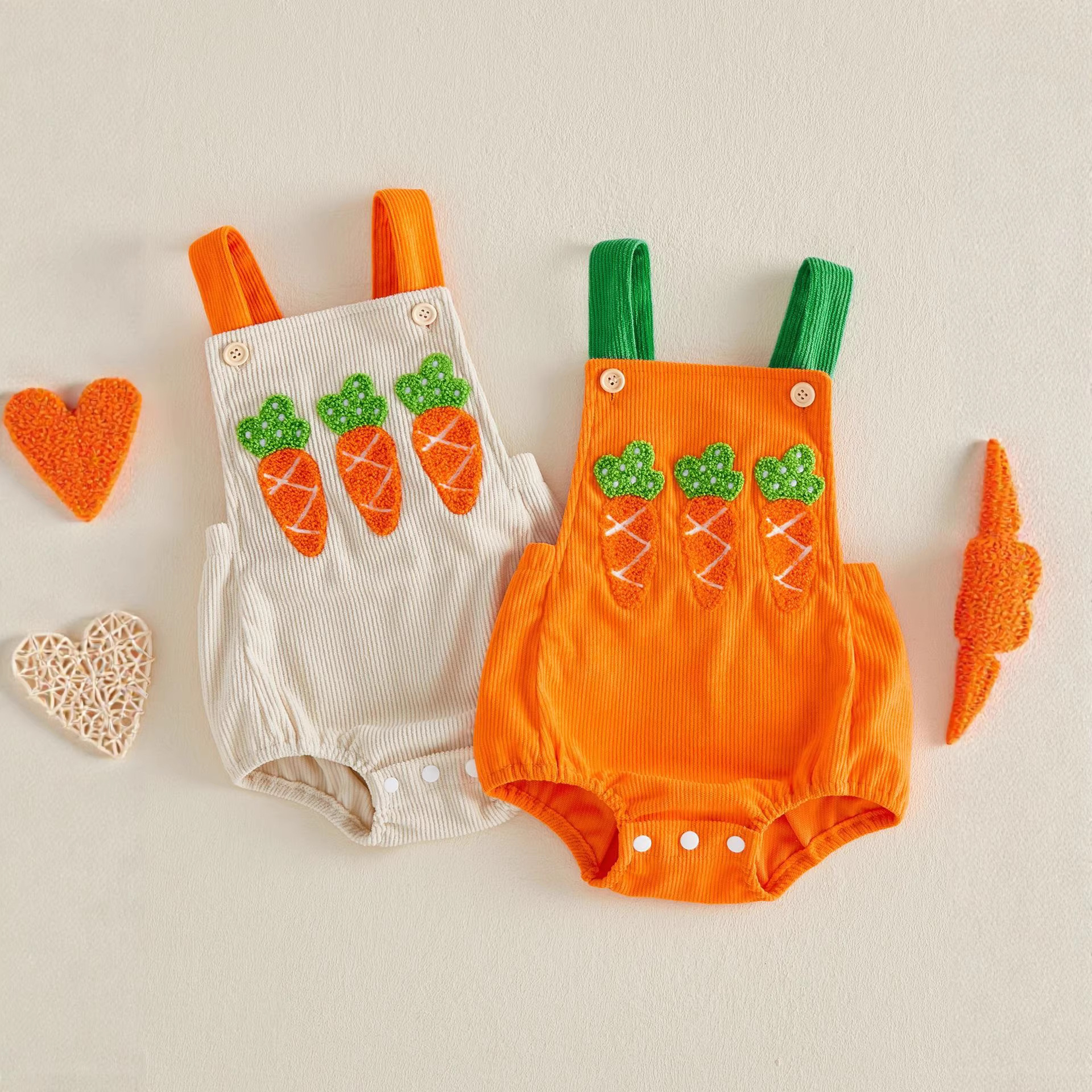 Easter Themed Romper For Infants And Toddlers With Radish Embroidery Halter Neck Strappy Design Baby Girls' Clothing Style 0-3 Years_voghion.com