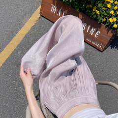 紫色冰丝流光纱阔腿裙裤女夏季薄款高腰宽松垂感直筒休闲九分裤子
