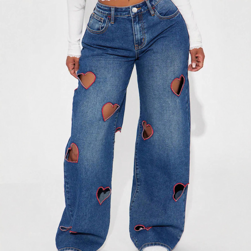 Cross-Border American-Style Denim Hollow-Out Heart Embroidery Wide-Leg Pants, Loose-Fitting Extended Floor-Length Pants, Tk Shein Amazon Dropshipping Cross-Border American-Style Denim Hollow-Out Heart Embroidery Wide-Leg Pants, Loose-Fitting Extended Floor-Length Pants, Tk Shein Amazon Dropshipping