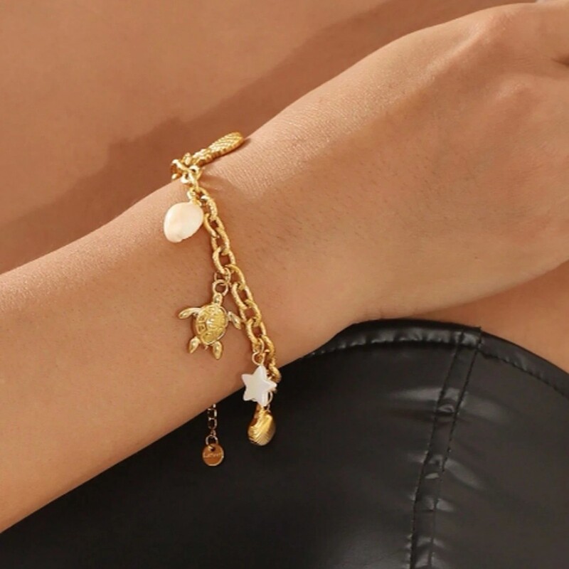 Summer Ocean Beach Pearl Bracelet Starfish Turtle Pendant Stainless Steel Long Bracelet for Women Non-Fading Versatile Summer Ocean Beach Pearl Bracelet Starfish Turtle Pendant Stainless Steel Long Bracelet for Women Non-Fading Versatile