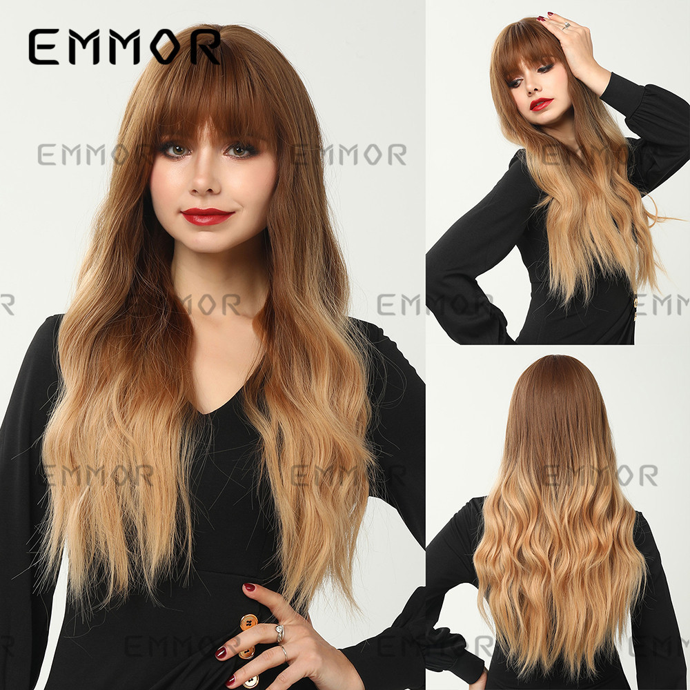 Amazon comercio exterior de las mujeres europeas y americanas gradiente Bangs marrón largo pelo rizado natural mullido transpirable peluca cabeza cubierta
