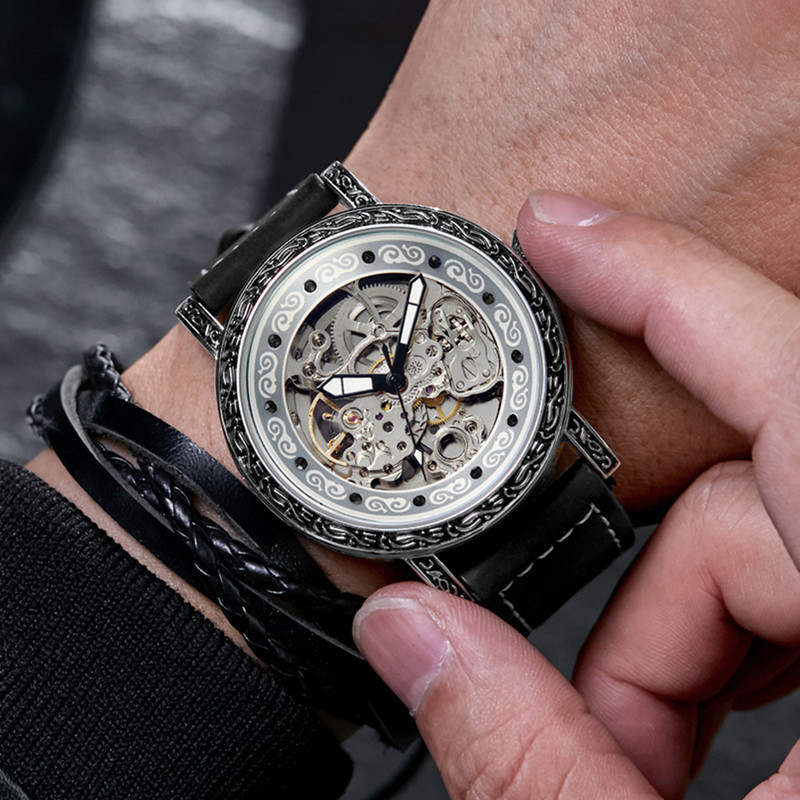 Men's Casual Watch Two Way Movement Leather Strap Stainless Steel Automatic Mechanical New Style_voghion.com