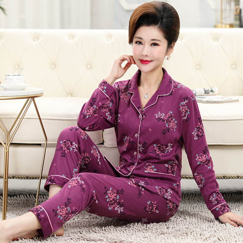 [Plus size] mamá de mediana edad y ancianos pijamas de manga larga de las mujeres de edad avanzada primavera y otoño ropa de hogar traje de Cardigan de verano