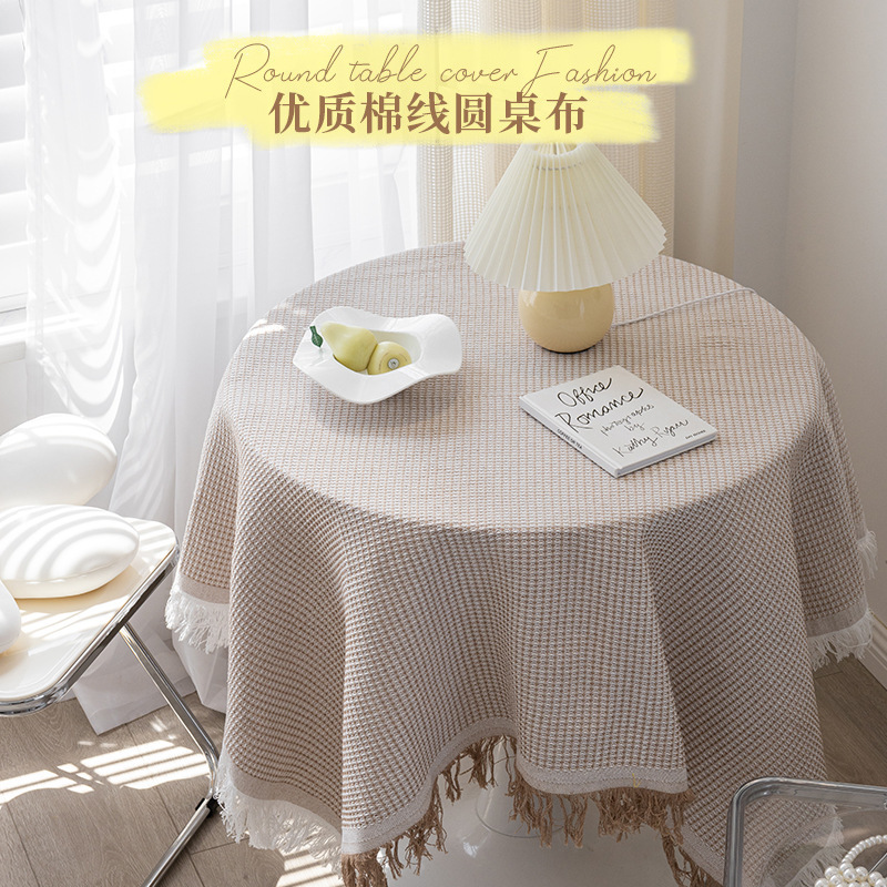 Japanese and Korean Small Round Table Cotton and Linen Tablecloth Outdoor Birthday Coffee Table Cloth B&B Tassel Tablecloth Decoration Home Table Mat Camping Style