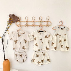 2022姐弟裝韓國夏款兒童寶寶洋氣小熊背心連衣裙卡通上衣短褲套裝