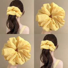 ウッディフローラルイエロー〜テンダーイエローの花柄シフォンヘアゴム、スーパーフェアリーニッチヘアロープ、ヘアロープ、トラベルヘアピン