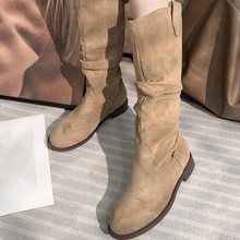 美拉德复古绒面西部牛仔靴女2025新款春秋高筒靴粗跟褶皱堆堆长靴