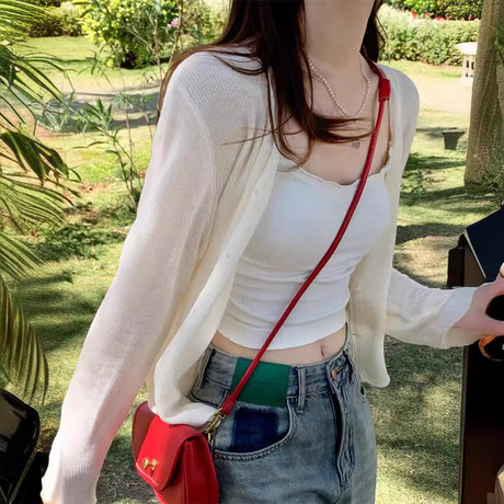 阿诗蜜~防晒开衫薄款女冰丝针织外套夏季外搭罩衫上衣白色空调衫