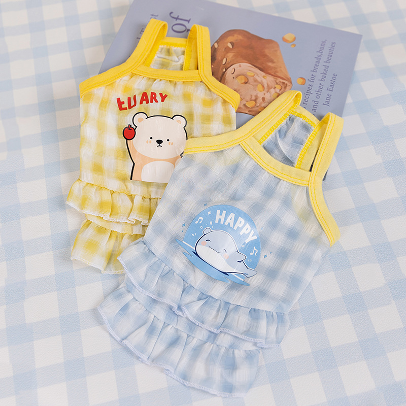 Primavera y verano perros frescos macarón cuadriculado vestido de tira de dibujos animados felino vestido de verano ropa de perro Teddy