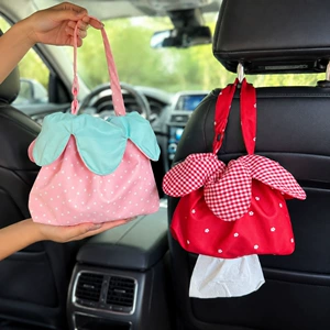 Original cute red floral tissue bag for car use, car-mounted fresh drawstring tissue bag with flowers