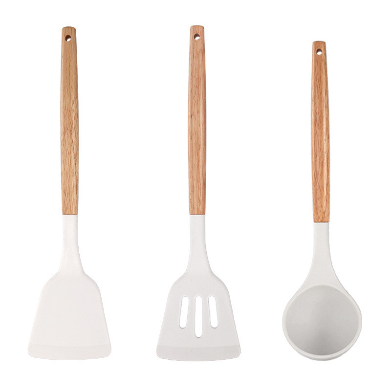 Mango de madera de silicona para utensilios de cocina de grado alimenticio resistente a altas temperaturas de cocina antiadherente de cocina