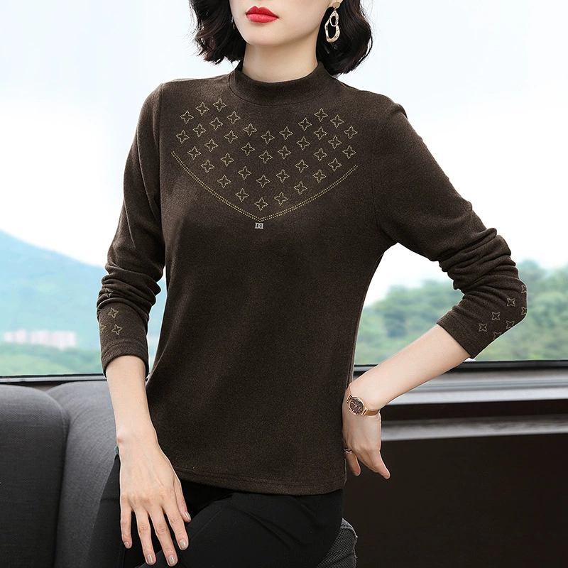 Осень/зима 2023 новая рубашка со стразами и низким воротником для матерей среднего возраста, повседневный Тонкий Топ с длинным рукавом для поездок на работу