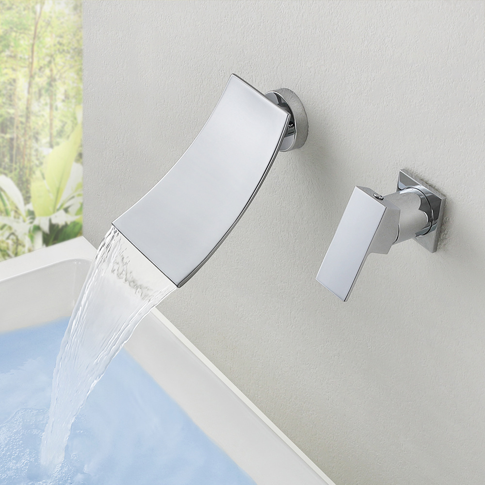 Cross-border brass washbasin faucet waterfall water outlet single, cold and hot mixed water is concealed in the wall-mounted bathroom countertop basin details Picture