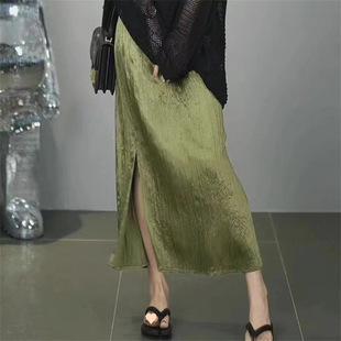 Summer Thin and Stylish Elastic Waist High-Length Skirt Fashionable High-End Satin Straight Slit Skirt for Women