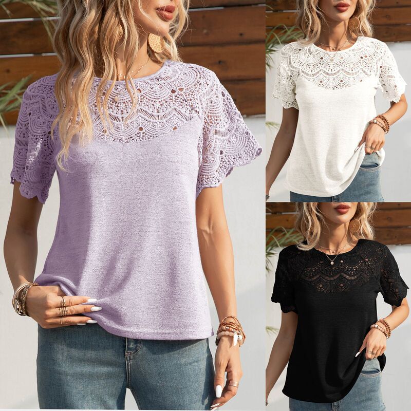 2024 Amazon cross-border supply of new European and American fashion round neck lace stitching raglan short sleeve T-shirt top