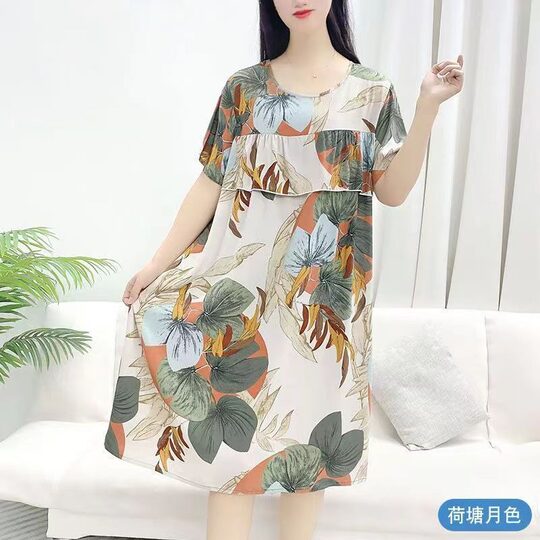 Anti-bump Cotton Silk Nightgown Women's Summer Thin Short-sleeved Pajamas Skirt Summer Women's Loose Home Clothes plus size Women's Clothing