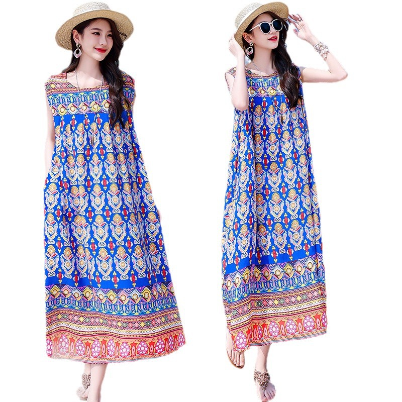2025 New Cross-Border Plus Size Bohemian Beach Long Cotton Floral Women's Summer Dress_ecoleips.com