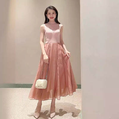 [Jin Ya Zi] 2024 Summer New Sweet Style Sleeveless Knitted Stitching Lightweight Tulle dress