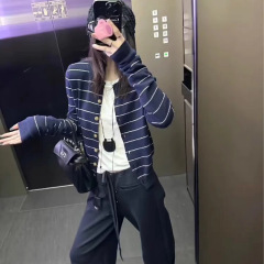藏青色条纹针织开衫女早春2025新款韩系穿搭正肩chic毛衣外套上衣