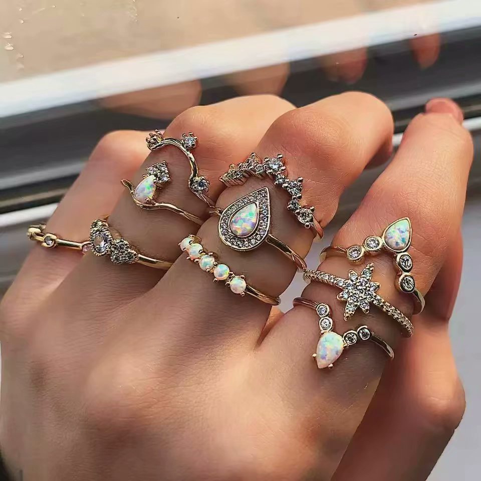 欧美新款 复古水滴星星皇冠镶钻戒指 仿欧珀10件套装戒指指环合金