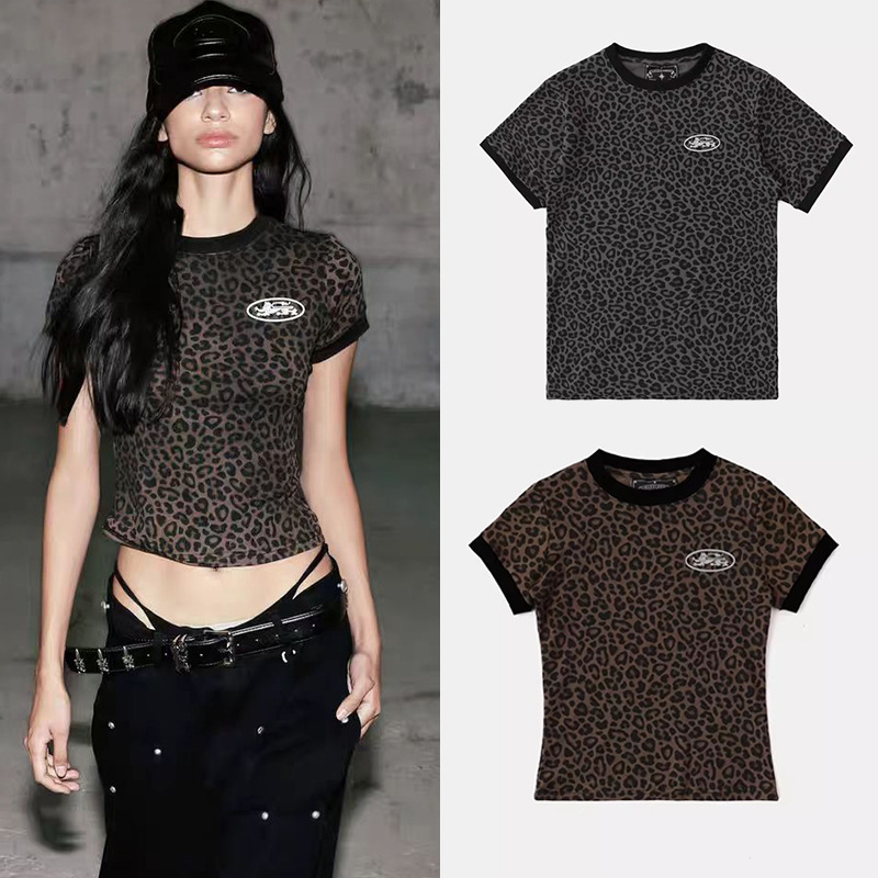 Badblood American Retro Casual Sports Leopard Print T-Shirt Sexy Sexy Korean Color Matching Short-Sleeved Slimming Look Top