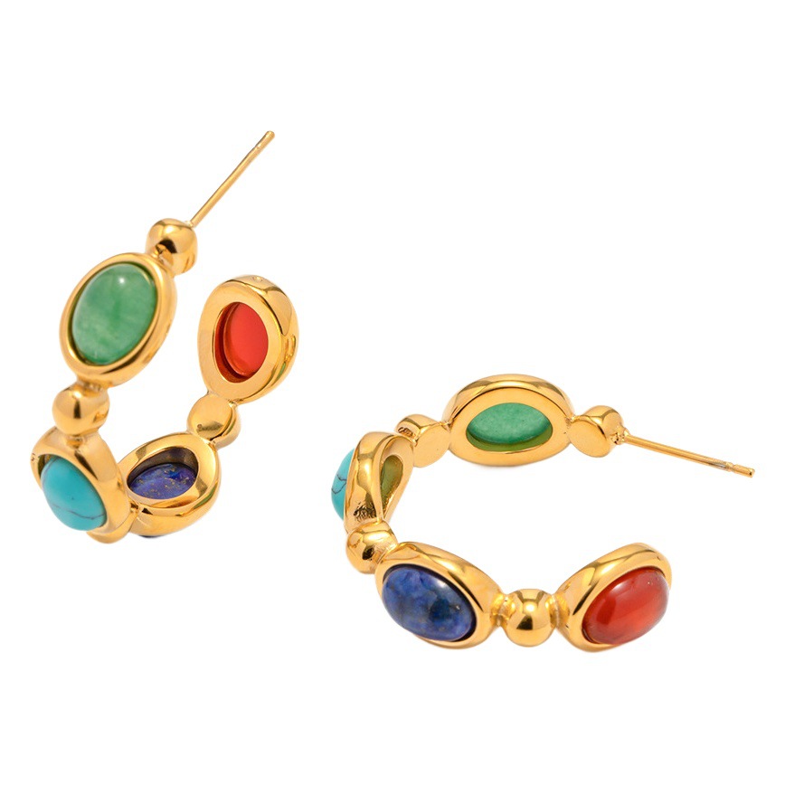 Europeo y americano ins Internet Celebrity 18K chapado en oro de acero inoxidable con incrustaciones de piedra natural en forma de C pendientes de acero inoxidable de moda pendientes de todos los partidos