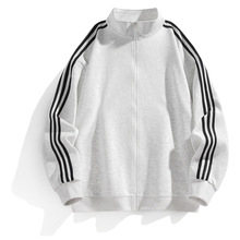 重磅三条杠开衫卫衣男春秋潮牌美式撞色条纹拉链教练运动立领外套