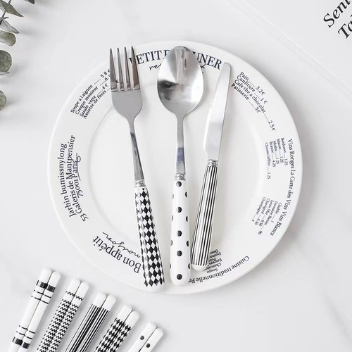 赫本风西餐餐具不锈钢刀叉勺餐厅陶瓷甜品叉勺5件套礼盒装黑白