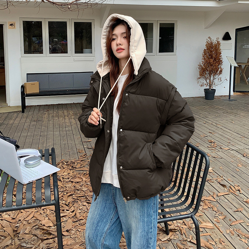 可拆卸袖子假两件羽绒棉服女冬季新款宽松学院风百搭马夹两穿外套|undefined