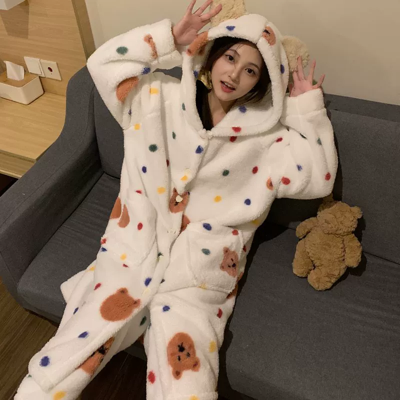 Coral velvet demi-season warm pijama, cartoon flannel long bathrobe with hood, set