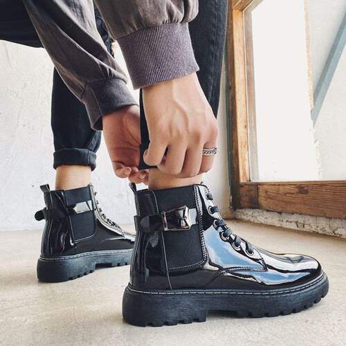 Men's Thick Sole Martens Boots Spring and Autumn New Arrival, Korean Style Trendy, Student-Friendly, Dual-Lace Up Waterproof Mid-Height Boots