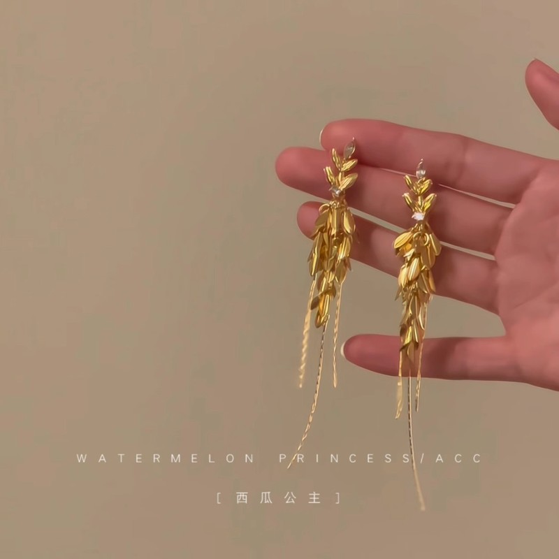 金色叶子耳环2025新款爆款高级感晚宴轻奢流苏耳饰女|undefined
