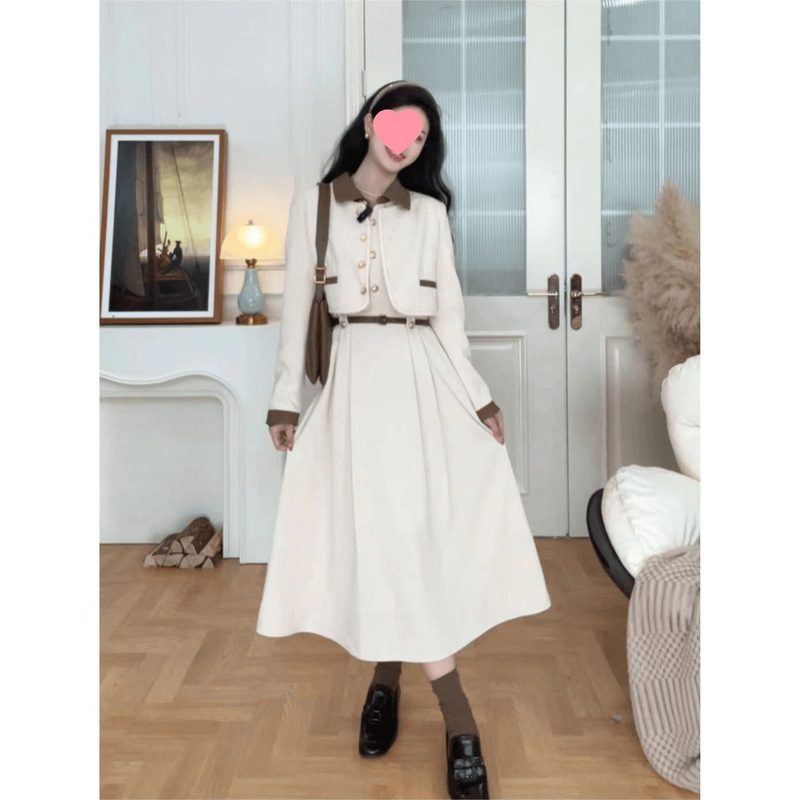 2025秋季新款气质外套显瘦收腰连衣裙长袖杏色千金风外套两件套女|undefined