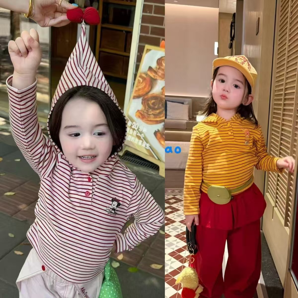 Super cute long-sleeved T-shirt for little girls, new autumn style, trendy striped hooded design for autumn.