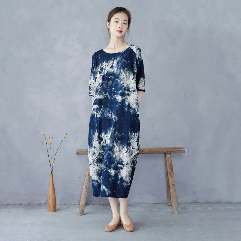 Elegant and Simple Robe Cotton Dress Loose Cocoon-Shaped Large Size Slimming Short-Sleeved Round Neck Brand Women's Long Skirt Travel Elegant and Simple Robe Cotton Dress Loose Cocoon-Shaped Large Size Slimming Short-Sleeved Round Neck Brand Women's Long Skirt Travel