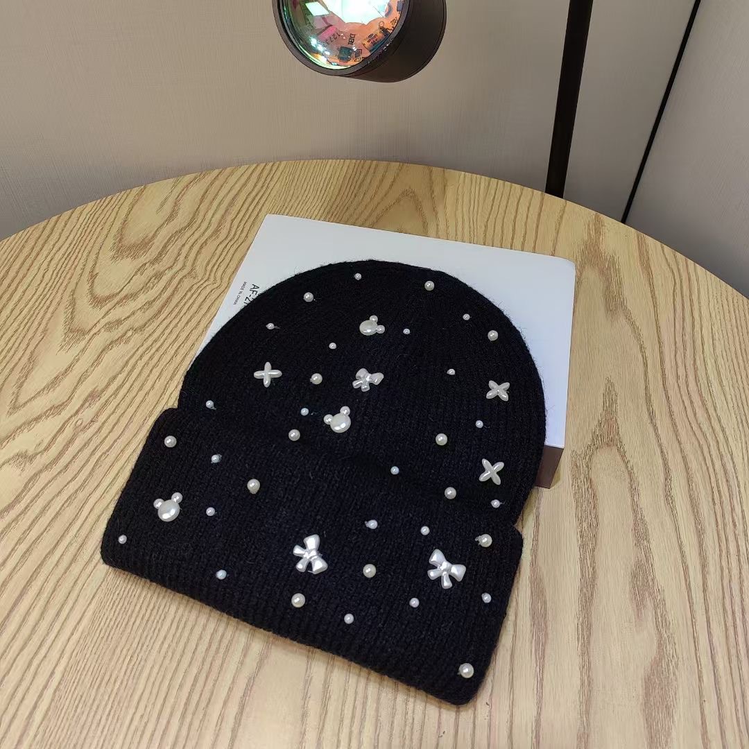 Herbst Winter Neue Perlen-Schleife Leichter Wollstil für Damen Großer Kopfumfang Gesicht Schlankmachend Kältebeständig Ohren_voghion.com