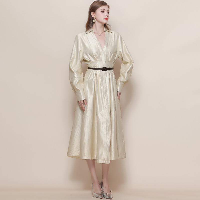French-Style Light Luxury Socialite Silk Brocade Waist-Slimming Long-Sleeve V-Neck Trench Dress for Women, Mid-Length Dress