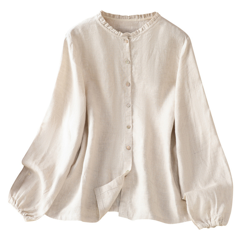 Camicia da donna retrò a maniche lunghe, elegante e snellente, in cotone e lino, con colletto a volant, nuova collezione 2026._voghion.com