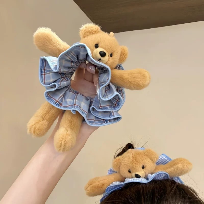 Cute and super stylish plush bear plaid scrunchie for playful bun hairstyles, hair accessory wholesale
