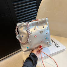 ins质感镶钻小包包女2023新款百搭链条单肩包爆款斜挎小水桶包bag