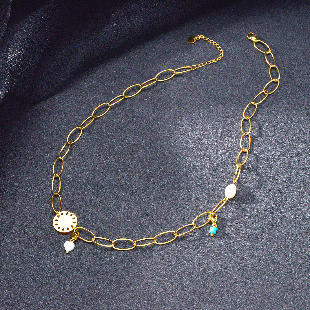 Vintage Hollow Chain Circle Pendant Turquoise Pearl Trend Titanium Steel Necklace display picture 4