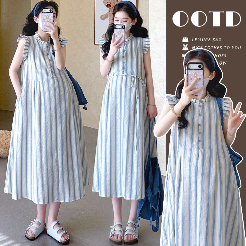 Real Shot of Pregnant Women's 2026 Summer Flutter Sleeve Single-Layer Cotton Jacquard Mid-Length Dress Real Shot of Pregnant Women's 2026 Summer Flutter Sleeve Single-Layer Cotton Jacquard Mid-Length Dress