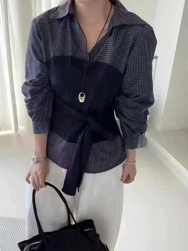 韩版设计感收腰格子衬衫女2025秋季新款宽松显瘦小个子拼接上衣潮|undefined