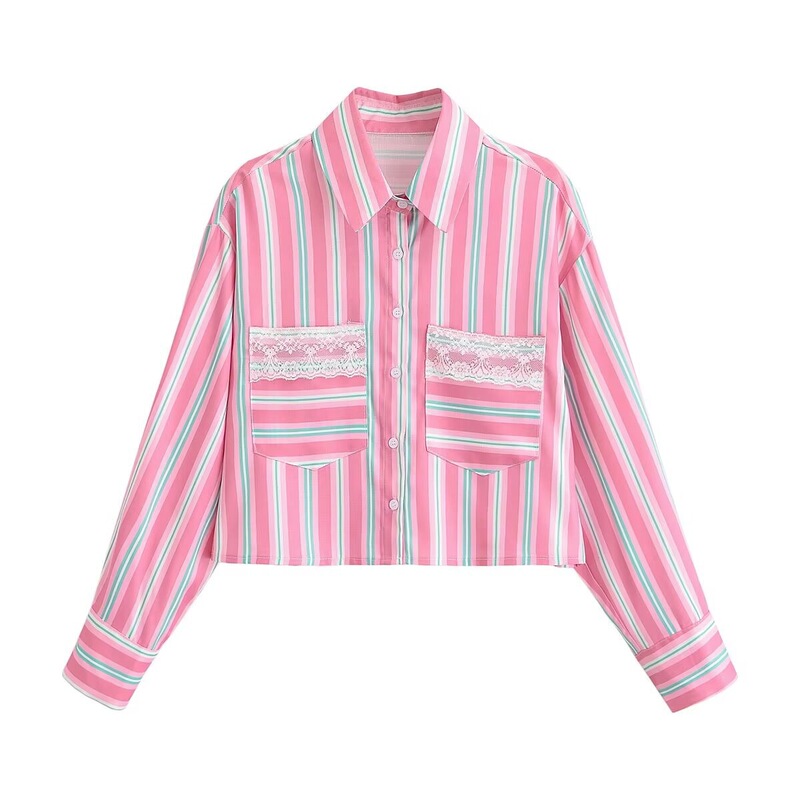 Pb&Za2026 New Summer Women's Clothing Single-Breasted Multi-Button Long-Sleeved Lapel Lace Detail Striped Short Shirt