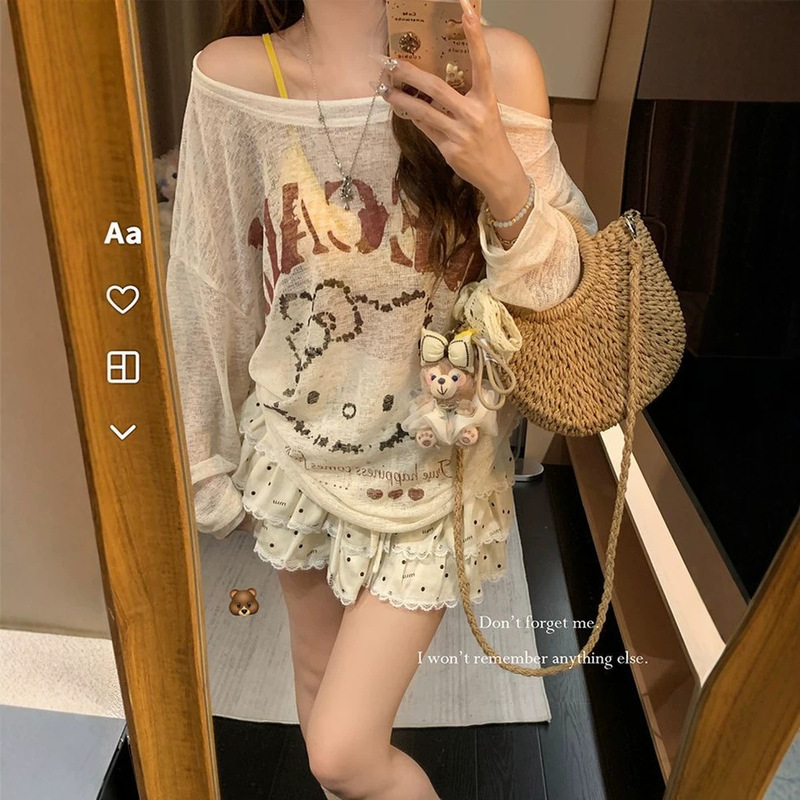 Amazon Cross-Border Korean Style Slightly Revealing Shoulder Long-Sleeve T-Shirt for Women, New Summer Style, Loose Fit, Slimming, Versatile Top Cover-Up Amazon Cross-Border Korean Style Slightly Revealing Shoulder Long-Sleeve T-Shirt for Women, New Summer Style, Loose Fit, Slimming, Versatile Top Cover-Up