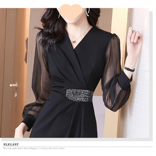 Hollywood-style French-style A-line dress, body-hugging, new women's high-end temperament, stylish black dress for early autumn and late autumn.