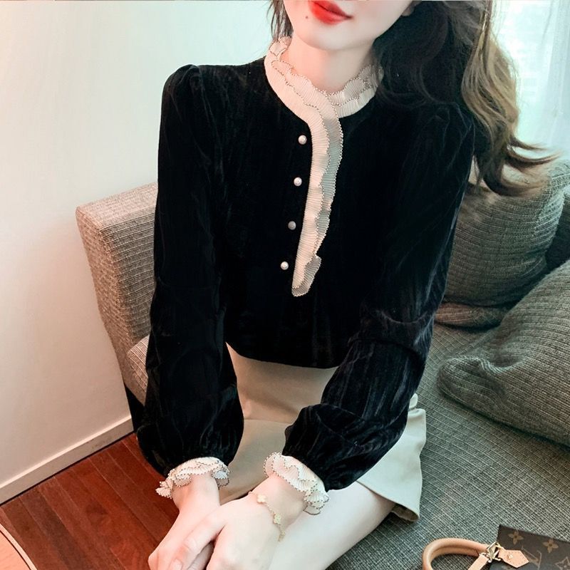fleece-lined Thickened French Stand Collar Ear Blouse Women's Autumn and Winter 2022 New Velvet Top Color Matching Chic Shirt